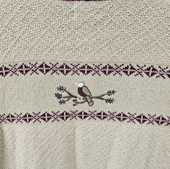 Vtg 80’s Christopher & Banks Tan Wool Ramie Embroidery Bird Cardigan Sz XL - Picture 8 of 9